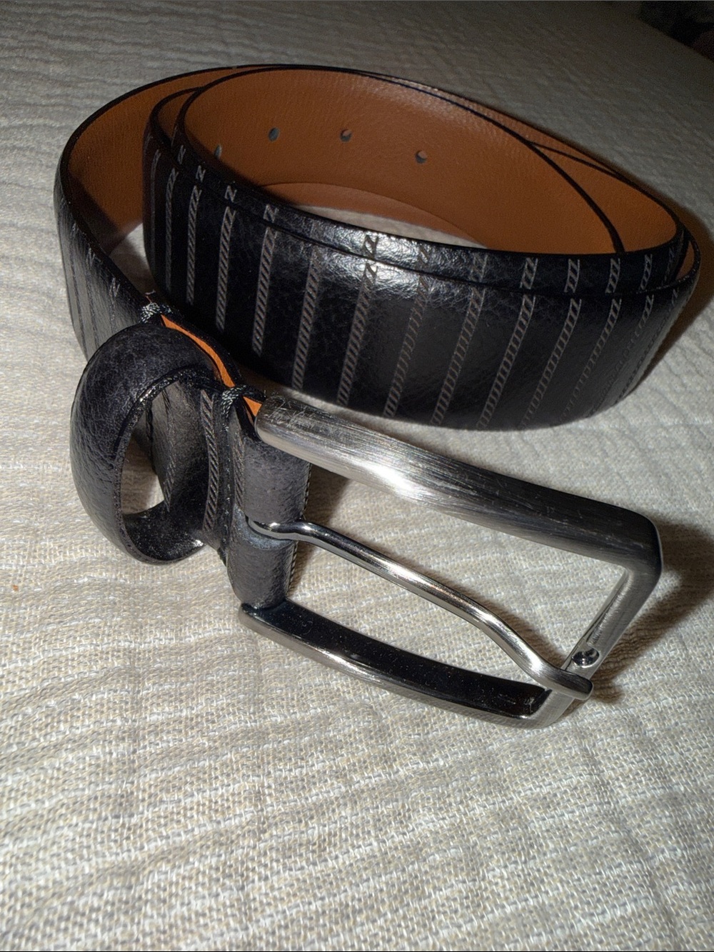 Johnston & Murphy Black Tonal Striped Leather Belt Gunmetal Buckle 38